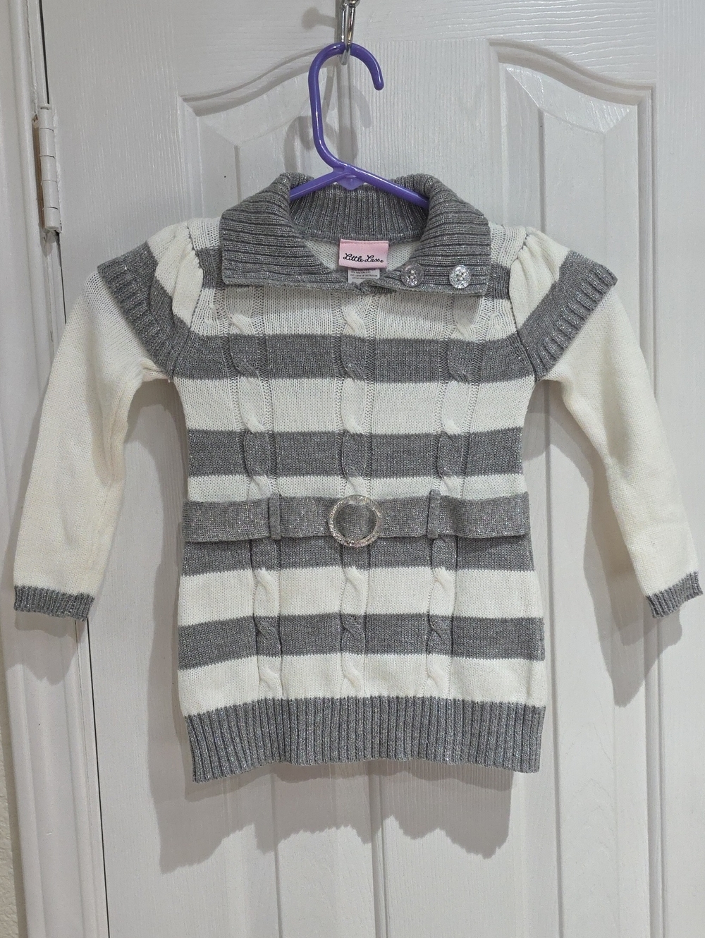 Little Lass Gray & White Striped Sweater Dress with Belt Accent Size 4T